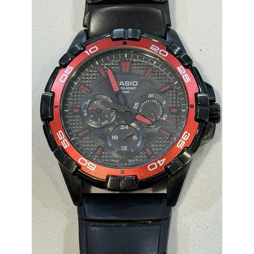 Casio MTD-1069 5071 Men’s Black Red Analog Watch 100M New Battery Working
